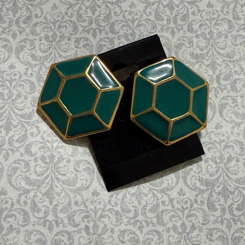 Vintage Teal Green Enamel Gold Tone Geometric Clip On Earrings 1”